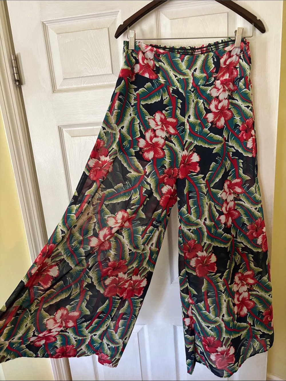 Wide Leg Floral Print Jumpsuit Pants - Navy with Red Floral